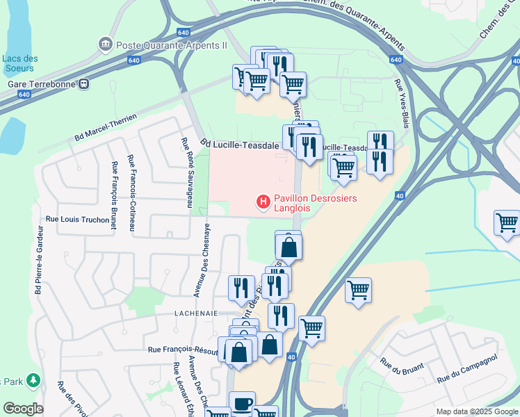 map of restaurants, bars, coffee shops, grocery stores, and more near 821 Rue de la Soeur Marie Rose in Terrebonne