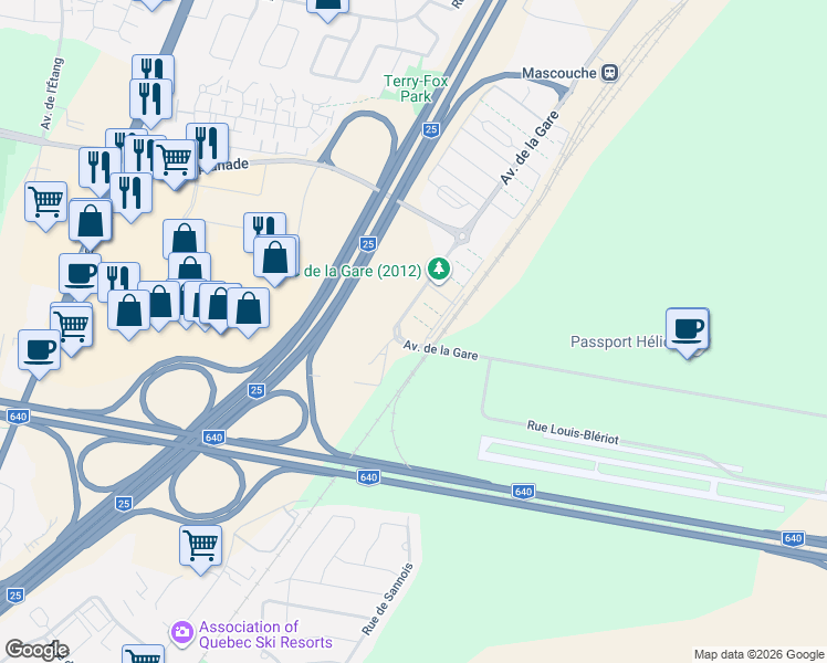 map of restaurants, bars, coffee shops, grocery stores, and more near 2992 Avenue de la Gare in Mascouche