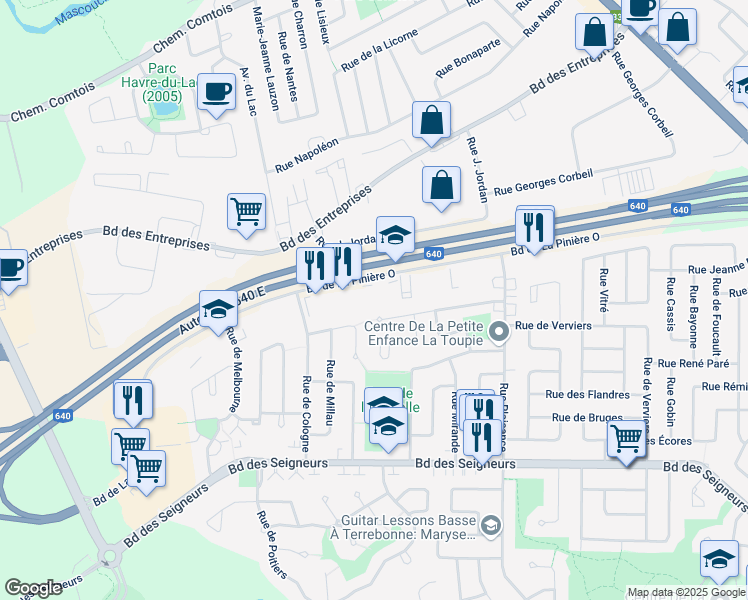map of restaurants, bars, coffee shops, grocery stores, and more near 205-3215 Boulevard De La Pinière Ouest in Terrebonne