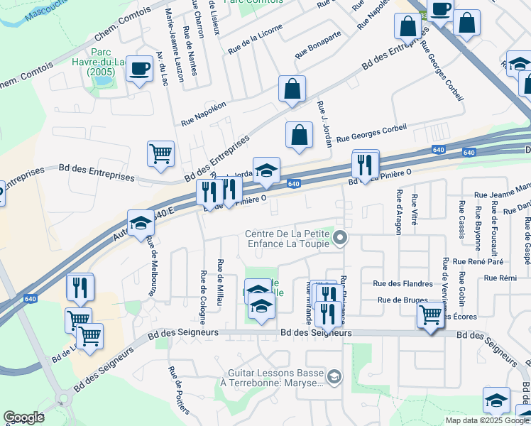 map of restaurants, bars, coffee shops, grocery stores, and more near 205-3215 Boulevard De La Pinière Ouest in Terrebonne