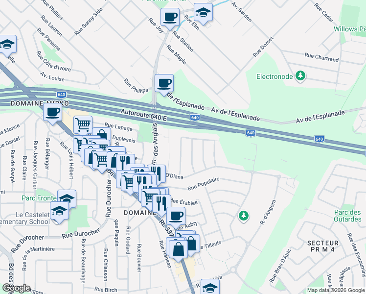 map of restaurants, bars, coffee shops, grocery stores, and more near 1383 Rue des Cyprès in Terrebonne