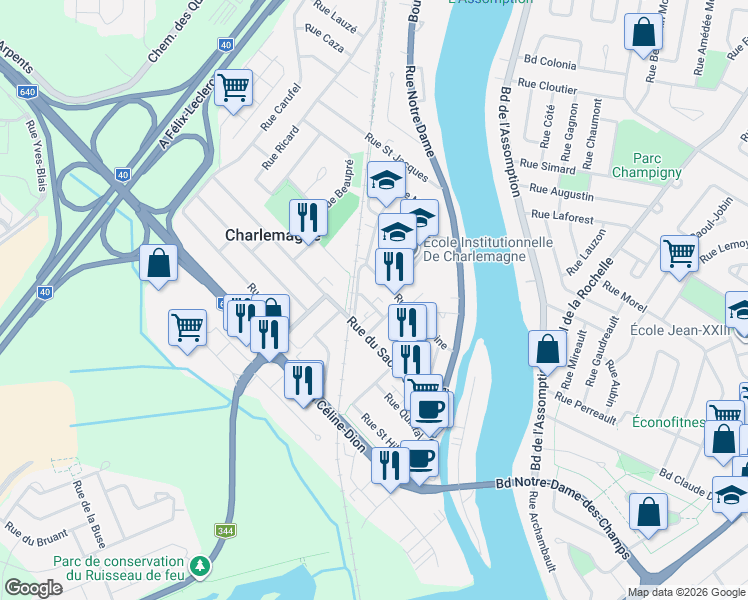 map of restaurants, bars, coffee shops, grocery stores, and more near 28 Rue Sainte Marie in Charlemagne