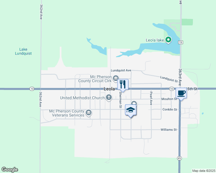 map of restaurants, bars, coffee shops, grocery stores, and more near 608 Main Street in Leola