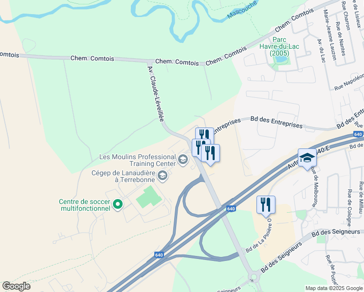map of restaurants, bars, coffee shops, grocery stores, and more near 2795 Boulevard des Entreprises in Terrebonne