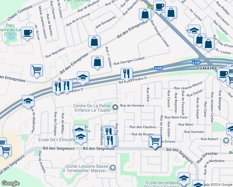 map of restaurants, bars, coffee shops, grocery stores, and more near 1998 Rue de Plaisance in Terrebonne