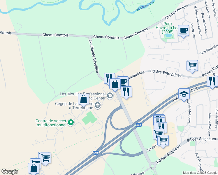 map of restaurants, bars, coffee shops, grocery stores, and more near 2795 Boulevard des Entreprises in Terrebonne
