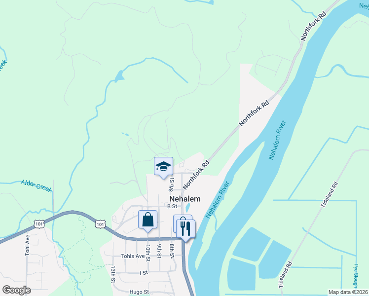 map of restaurants, bars, coffee shops, grocery stores, and more near 36590 Northfork Road in Nehalem