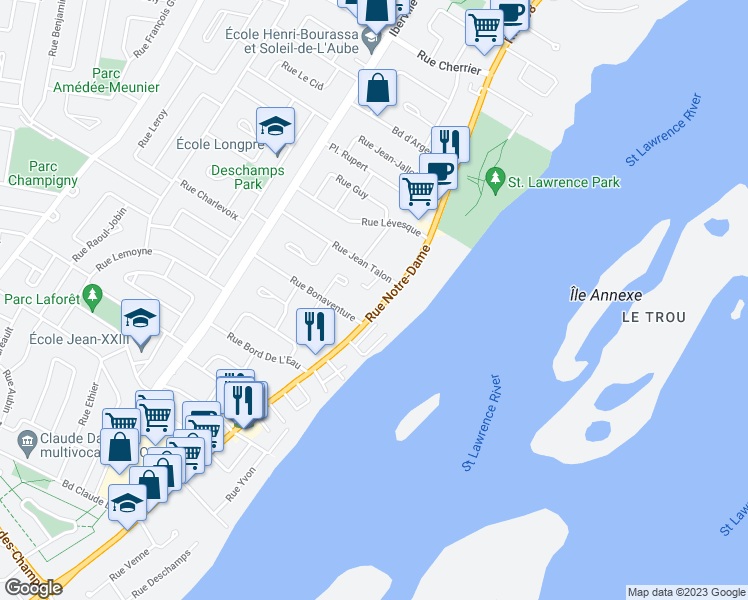 map of restaurants, bars, coffee shops, grocery stores, and more near 235 Rue Notre-Dame in Repentigny