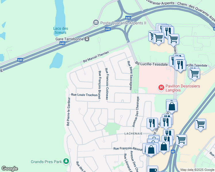 map of restaurants, bars, coffee shops, grocery stores, and more near Rue Joseph Vaillancourt in Terrebonne