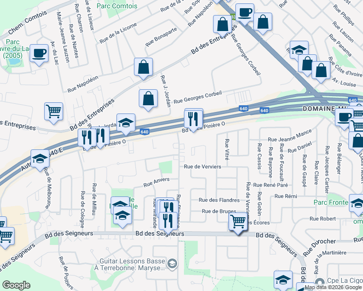 map of restaurants, bars, coffee shops, grocery stores, and more near 2035 Rue de Plaisance in Terrebonne