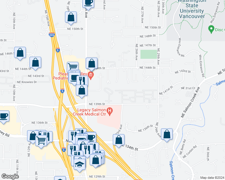 map of restaurants, bars, coffee shops, grocery stores, and more near 2226 Northeast 141st Way in Vancouver