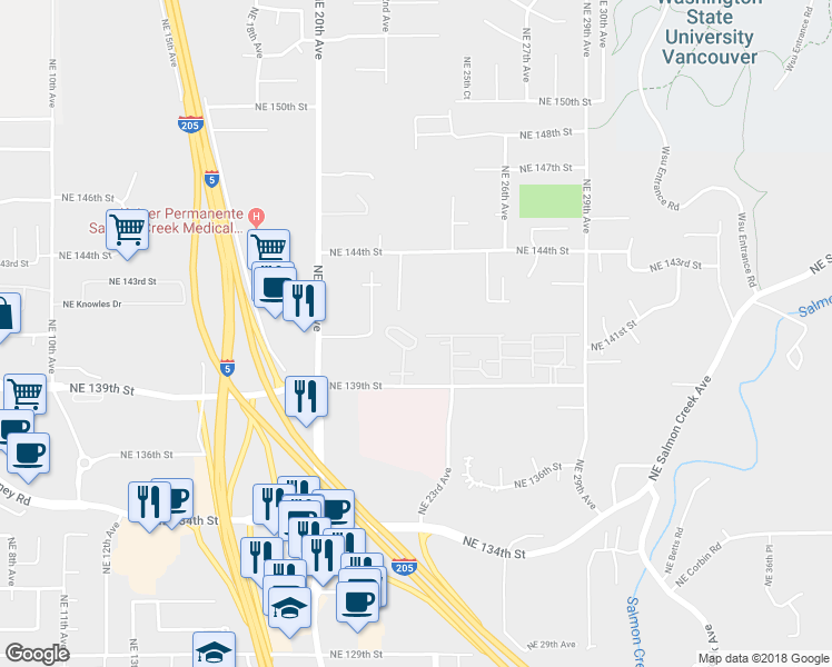 map of restaurants, bars, coffee shops, grocery stores, and more near 2218 Northeast 140th Street in Vancouver