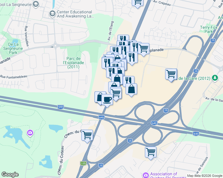 map of restaurants, bars, coffee shops, grocery stores, and more near 118 Montée Masson in Mascouche