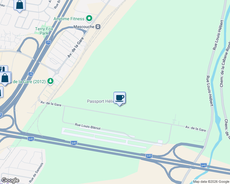 map of restaurants, bars, coffee shops, grocery stores, and more near Rue Louis-Blériot in Mascouche