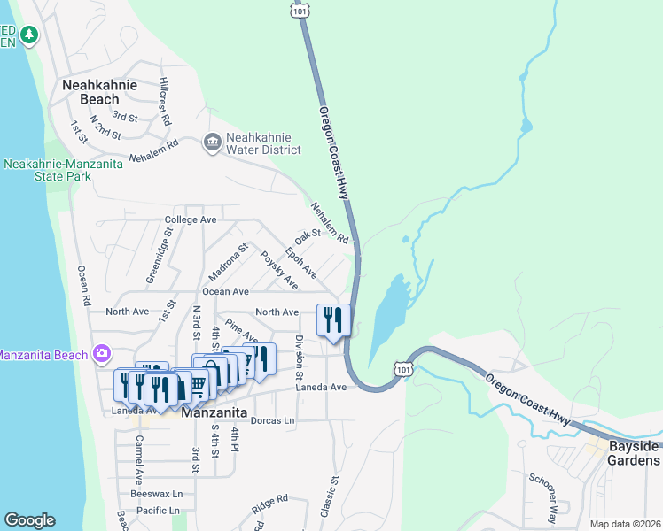 map of restaurants, bars, coffee shops, grocery stores, and more near 0 18th Street in Manzanita