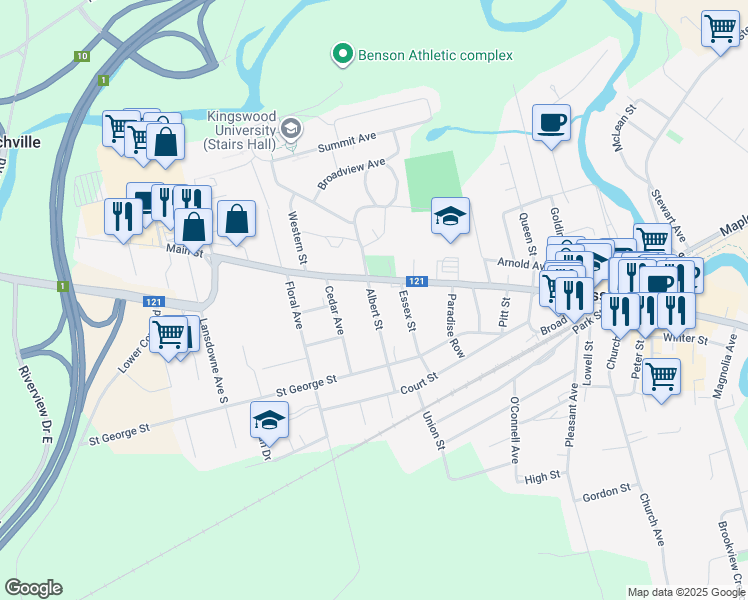 map of restaurants, bars, coffee shops, grocery stores, and more near 81 Albert Street in Sussex
