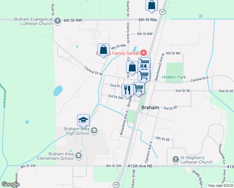 map of restaurants, bars, coffee shops, grocery stores, and more near 312 3rd Street Southwest in Braham