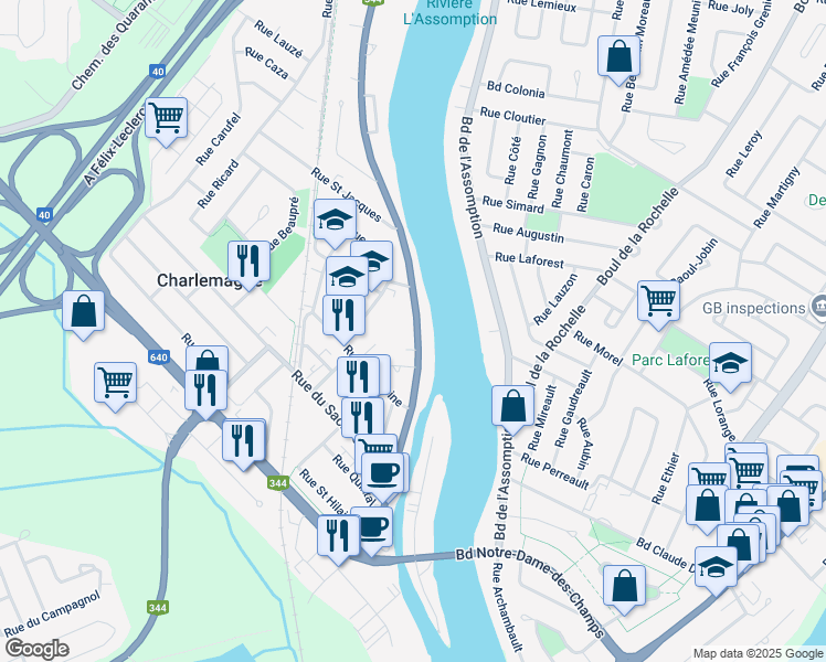 map of restaurants, bars, coffee shops, grocery stores, and more near 257 Rue Notre Dame in Charlemagne