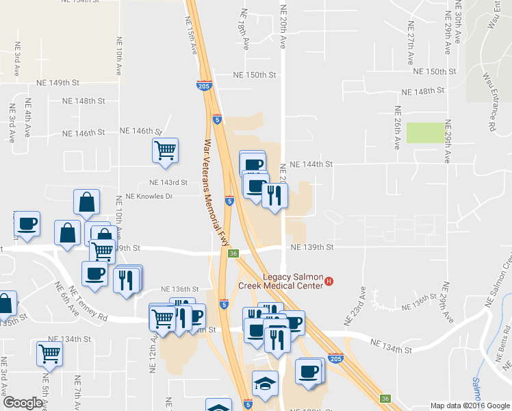 map of restaurants, bars, coffee shops, grocery stores, and more near 13900 Northeast 17th Avenue in Vancouver