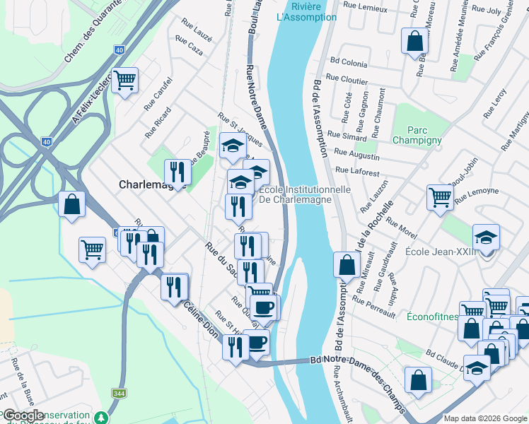 map of restaurants, bars, coffee shops, grocery stores, and more near 259 Rue Notre Dame in Charlemagne