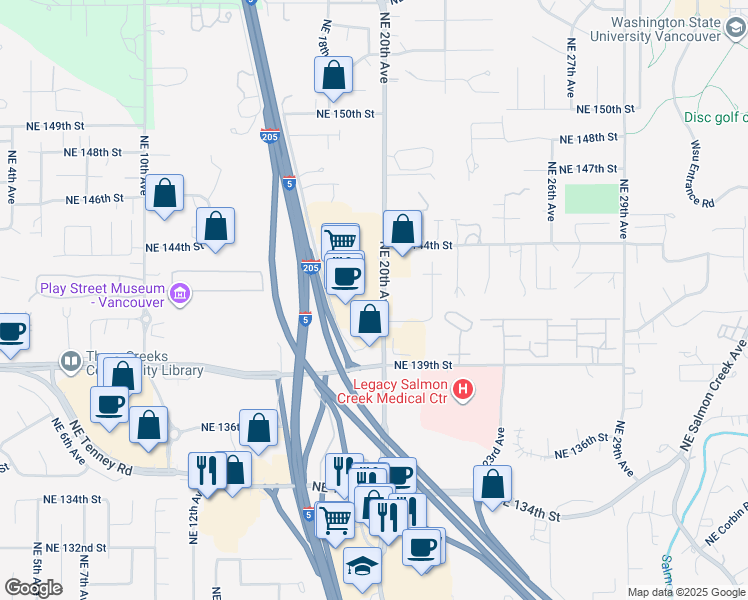 map of restaurants, bars, coffee shops, grocery stores, and more near 14300 Northeast 20th Avenue in Vancouver