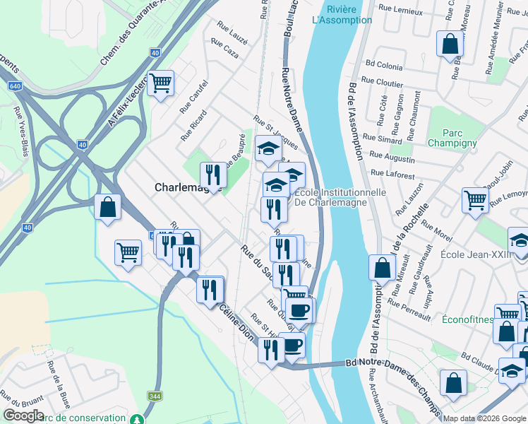 map of restaurants, bars, coffee shops, grocery stores, and more near 121 Rue Saint Antoine in Charlemagne