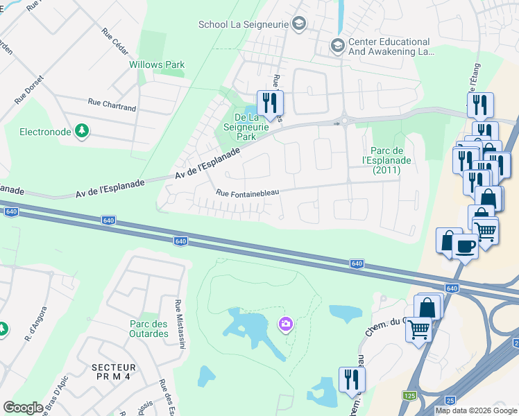 map of restaurants, bars, coffee shops, grocery stores, and more near 720 Rue de Pompadour in Mascouche