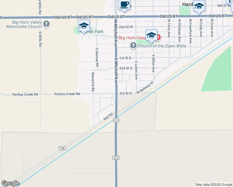 map of restaurants, bars, coffee shops, grocery stores, and more near County Road 156 in Hardin