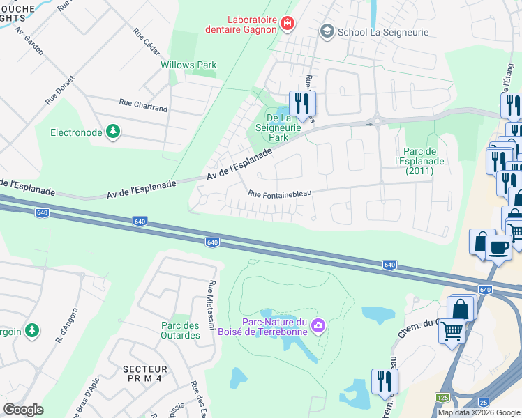 map of restaurants, bars, coffee shops, grocery stores, and more near 619 Rue de Pompadour in Mascouche