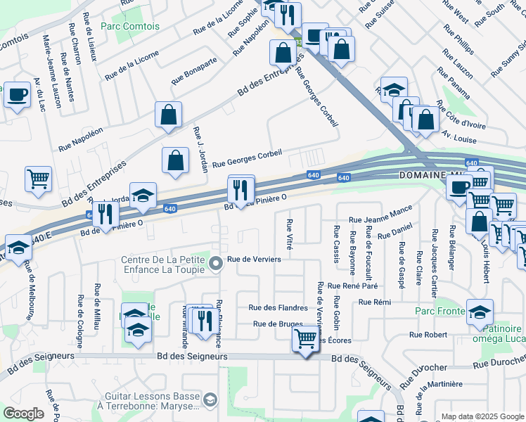 map of restaurants, bars, coffee shops, grocery stores, and more near 3457 Boulevard de la Pinière in Terrebonne