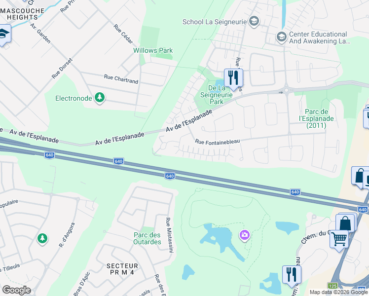 map of restaurants, bars, coffee shops, grocery stores, and more near 671 Rue de Pompadour in Mascouche