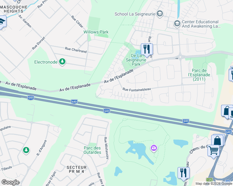 map of restaurants, bars, coffee shops, grocery stores, and more near 671 Rue de Pompadour in Mascouche