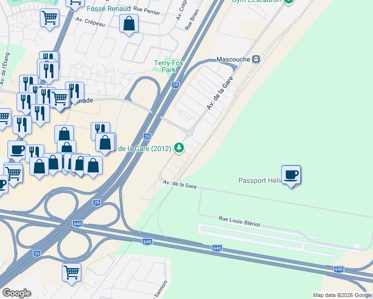 map of restaurants, bars, coffee shops, grocery stores, and more near 2724 Avenue de la Gare in Mascouche
