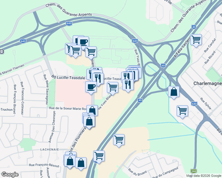 map of restaurants, bars, coffee shops, grocery stores, and more near 1105 Rue Yves-Blais in Terrebonne