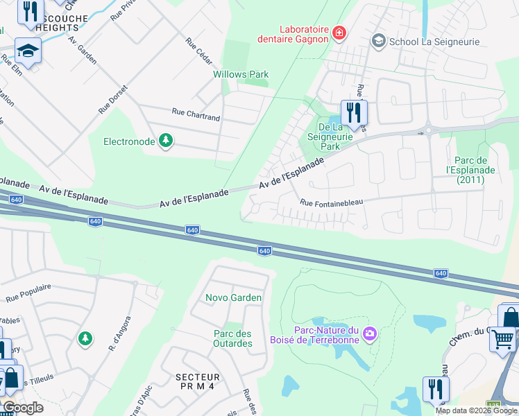 map of restaurants, bars, coffee shops, grocery stores, and more near Rue de Brissac in Mascouche