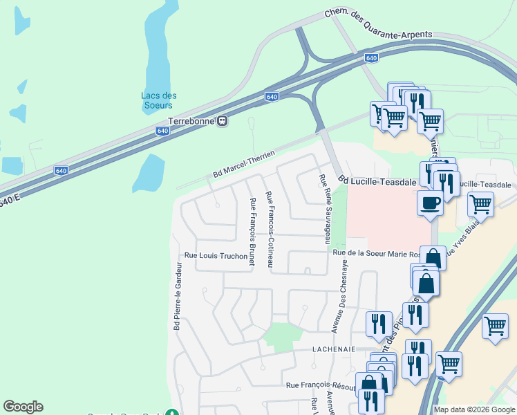 map of restaurants, bars, coffee shops, grocery stores, and more near 269 Rue François Brunet in Terrebonne