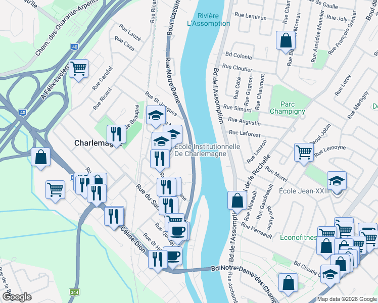 map of restaurants, bars, coffee shops, grocery stores, and more near 271 Rue Notre Dame in Charlemagne