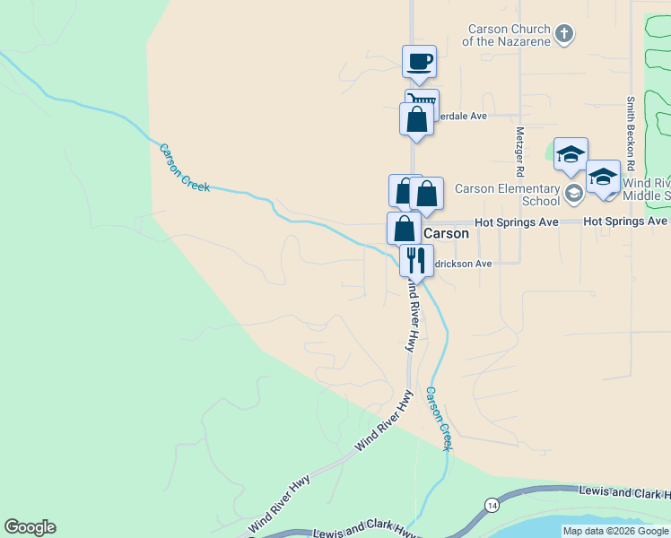 map of restaurants, bars, coffee shops, grocery stores, and more near 182 Carson Creek Road in Carson