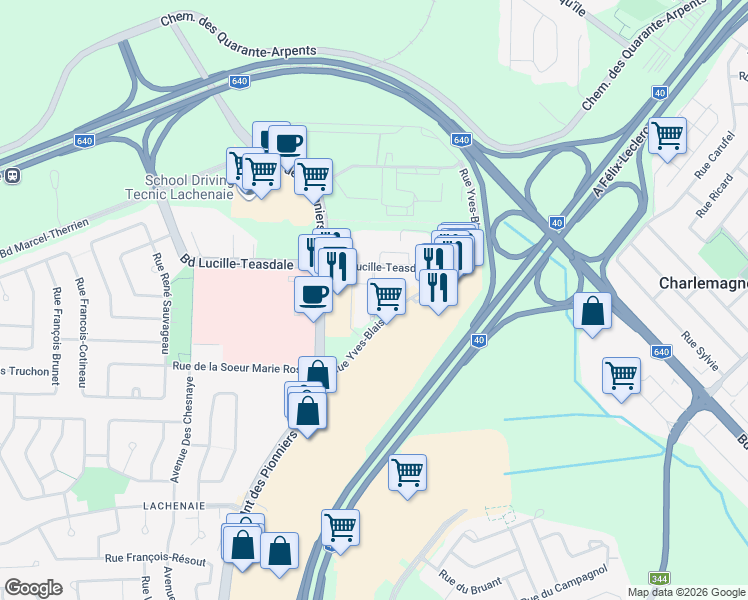 map of restaurants, bars, coffee shops, grocery stores, and more near 1085 Rue Yves-Blais in Terrebonne