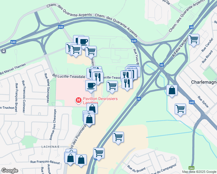 map of restaurants, bars, coffee shops, grocery stores, and more near 1075 Rue Yves-Blais in Terrebonne