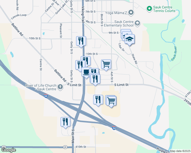 map of restaurants, bars, coffee shops, grocery stores, and more near 1142 Fairlane Drive in Sauk Centre