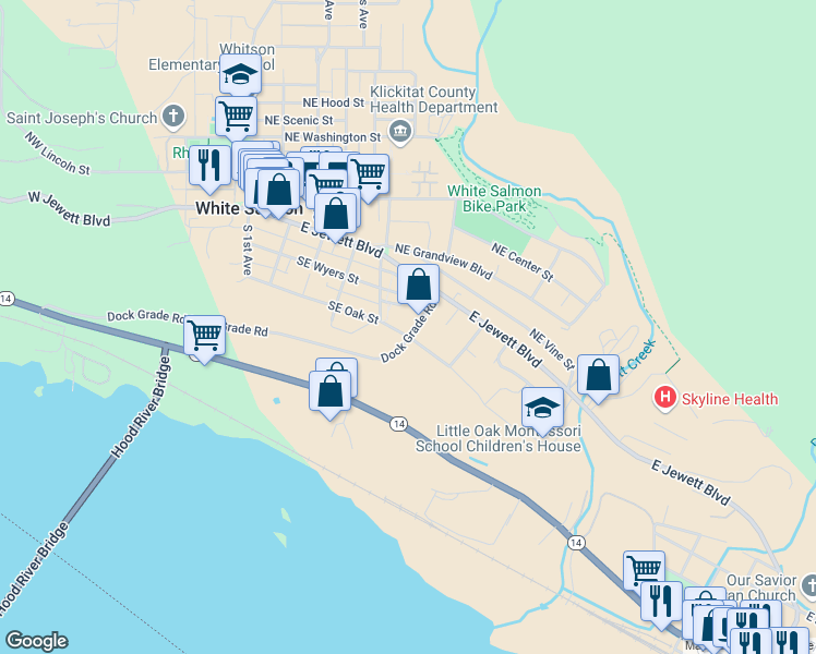 map of restaurants, bars, coffee shops, grocery stores, and more near 154 Dock Grade Road in White Salmon