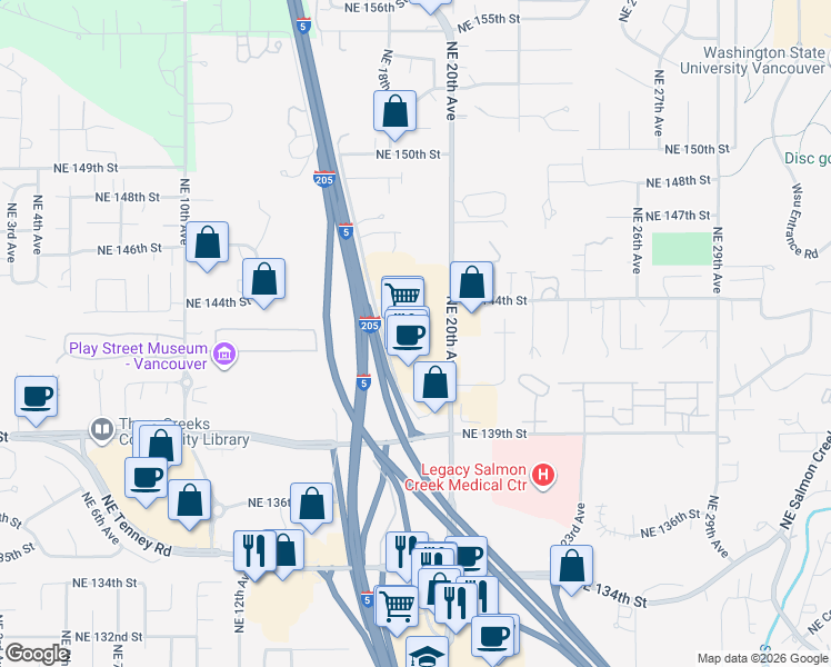 map of restaurants, bars, coffee shops, grocery stores, and more near 14300 Northeast 20th Avenue in Vancouver