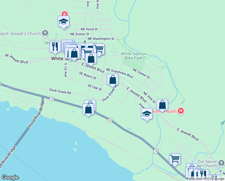 map of restaurants, bars, coffee shops, grocery stores, and more near 154 Dock Grade Road in White Salmon