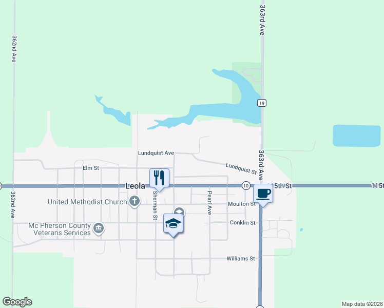 map of restaurants, bars, coffee shops, grocery stores, and more near 742 Lundquist Street in Leola