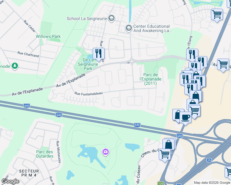 map of restaurants, bars, coffee shops, grocery stores, and more near 2224 Rue Fontainebleau in Mascouche