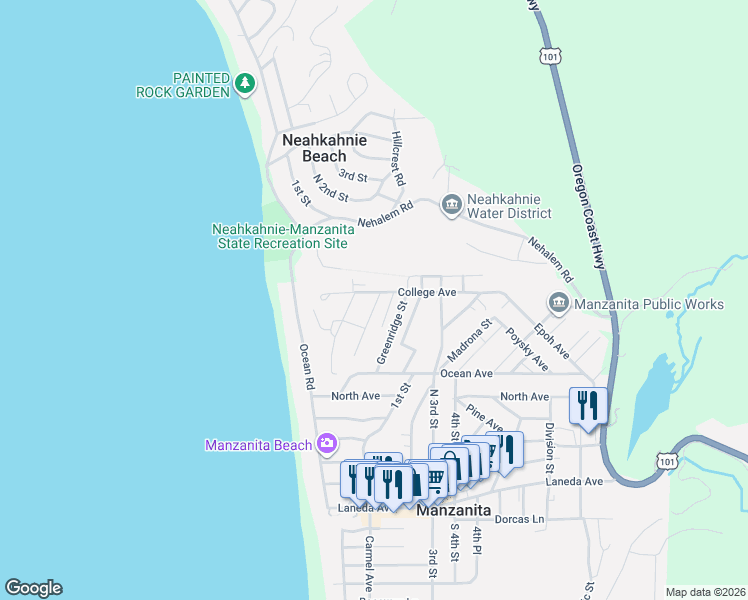 map of restaurants, bars, coffee shops, grocery stores, and more near 877 Elm Street in Tillamook