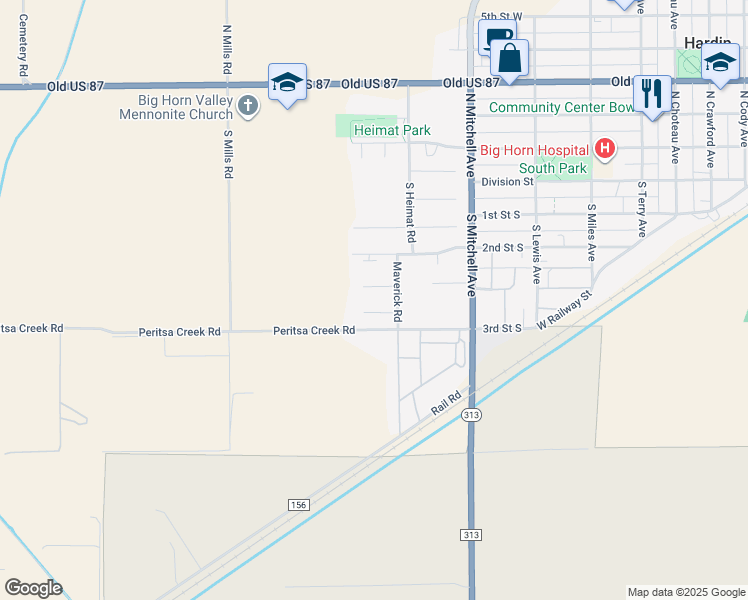 map of restaurants, bars, coffee shops, grocery stores, and more near 1121 Cactus Court in Hardin