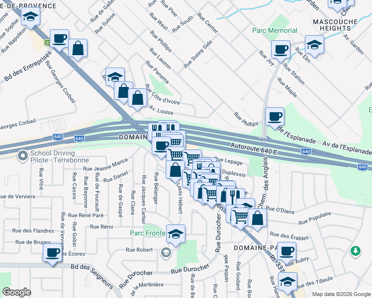 map of restaurants, bars, coffee shops, grocery stores, and more near 2249 Chemin Gascon in Terrebonne