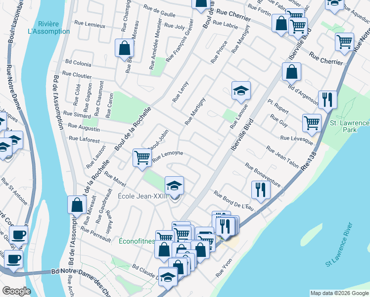 map of restaurants, bars, coffee shops, grocery stores, and more near 47 Rue Lemoyne in Repentigny